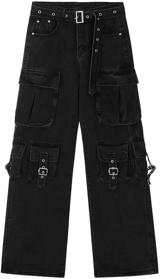 Women Jeans Hip-hop Street Retro Multi Pocket Straight Leg Jeans Gothic Denim Workwear
