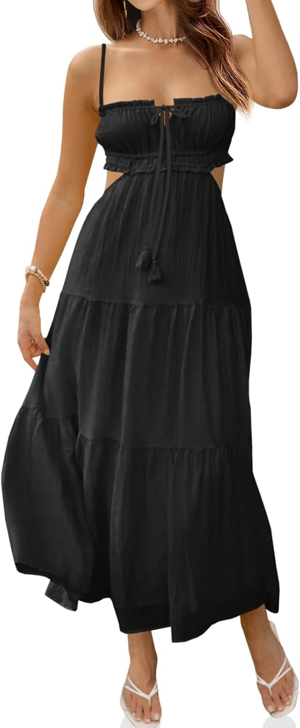 Women Spaghetti Strap Maxi Dress Summer Sleeveless Side Cut Out Dress Casual Boho Backless Flowy Long Dresses