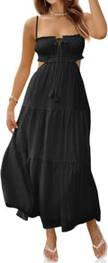 Women Spaghetti Strap Maxi Dress Summer Sleeveless Side Cut Out Dress Casual Boho Backless Flowy Long Dresses