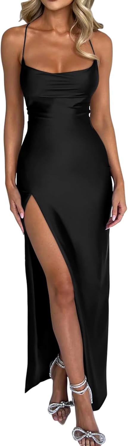 Women Sexy Spaghetti Strap Bodycon Cowl Neck Party Cocktail Maxi Dress