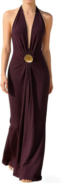 Women Deep V Neck Sleeveless Halter Maxi Dress Summer Backless Party Beach Vacation Wedding Guest Dress