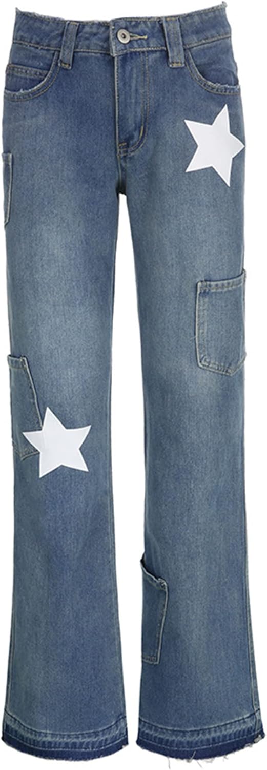Women Star Print Jeans  Jeans Denim PantsBlue Jeans Straight Leg Pants