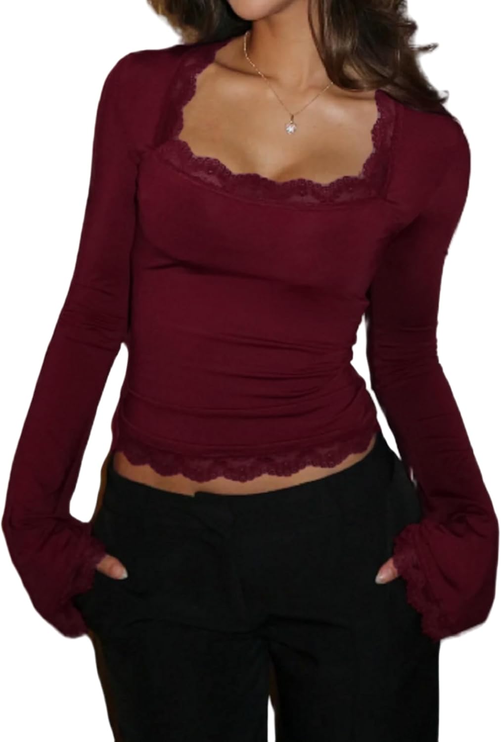 Women Square Neck Lace Long Sleeve Top  Lace Trim Slim Fit Basic Blouse Casual Fall Going Out Trendy Shirts
