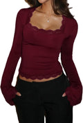 Women Square Neck Lace Long Sleeve Top  Lace Trim Slim Fit Basic Blouse Casual Fall Going Out Trendy Shirts