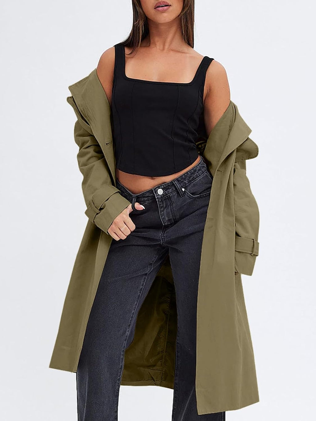 Women Double Breasted Trench Coats Cal Windproof Long Lapel Pocketed Overcoat with Belt