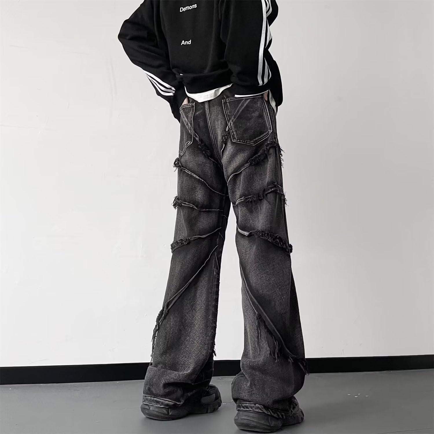 Men's Jeans  Hip Hop Pants Stacked Jeans for Women Mid Rise Fashion Grunge Streetwear Clothes Black