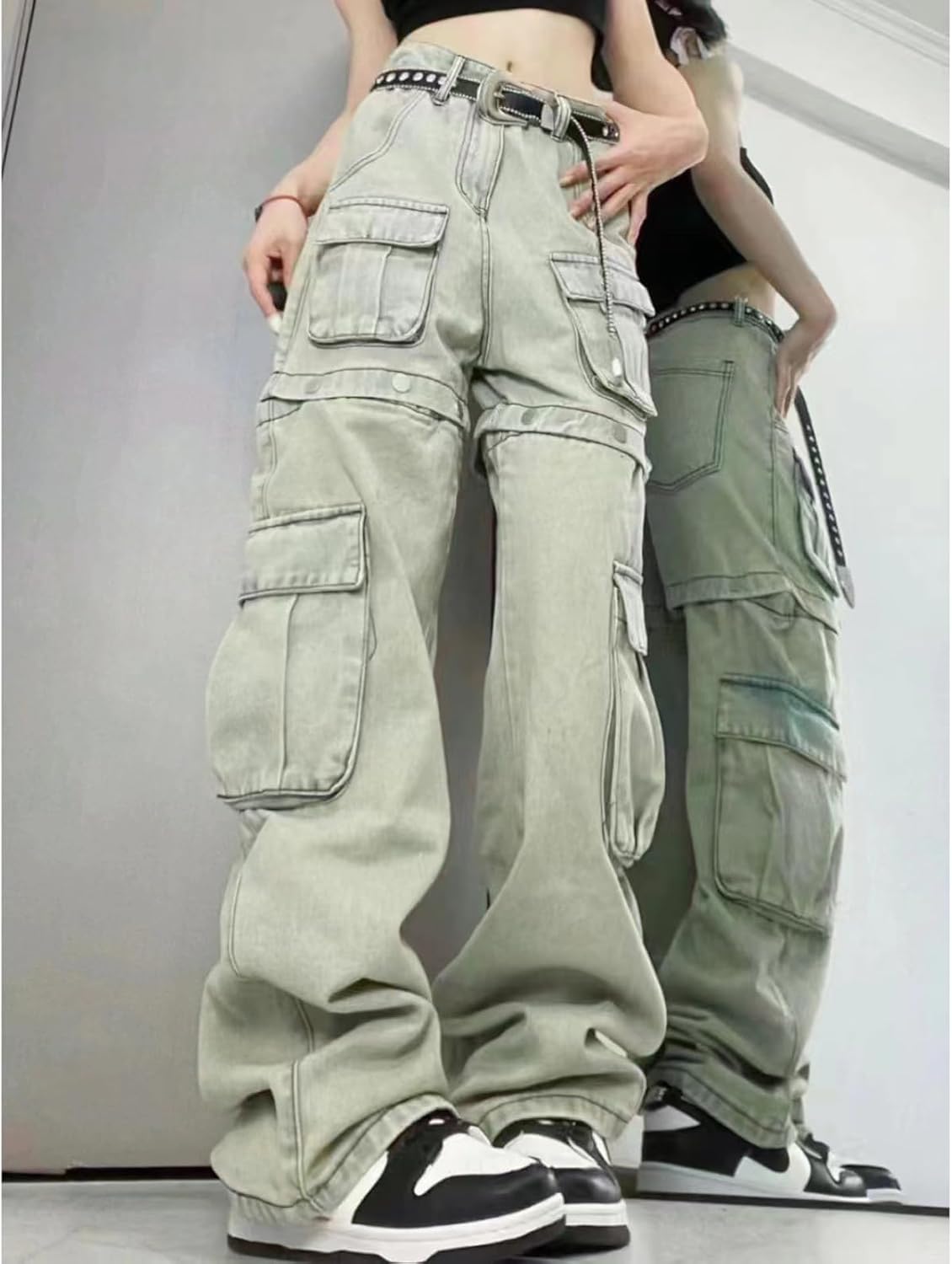 Women Gothic OverallsMulti Pocket Washed Jeans High Waisted Straight Tube Loose Fitting Pants  Jeans