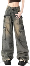 Pants for Women Girls Wide Leg Jeans  Hip Hop Streetwear Low Rise Oversized Jeans Grunge Clothes Blue
