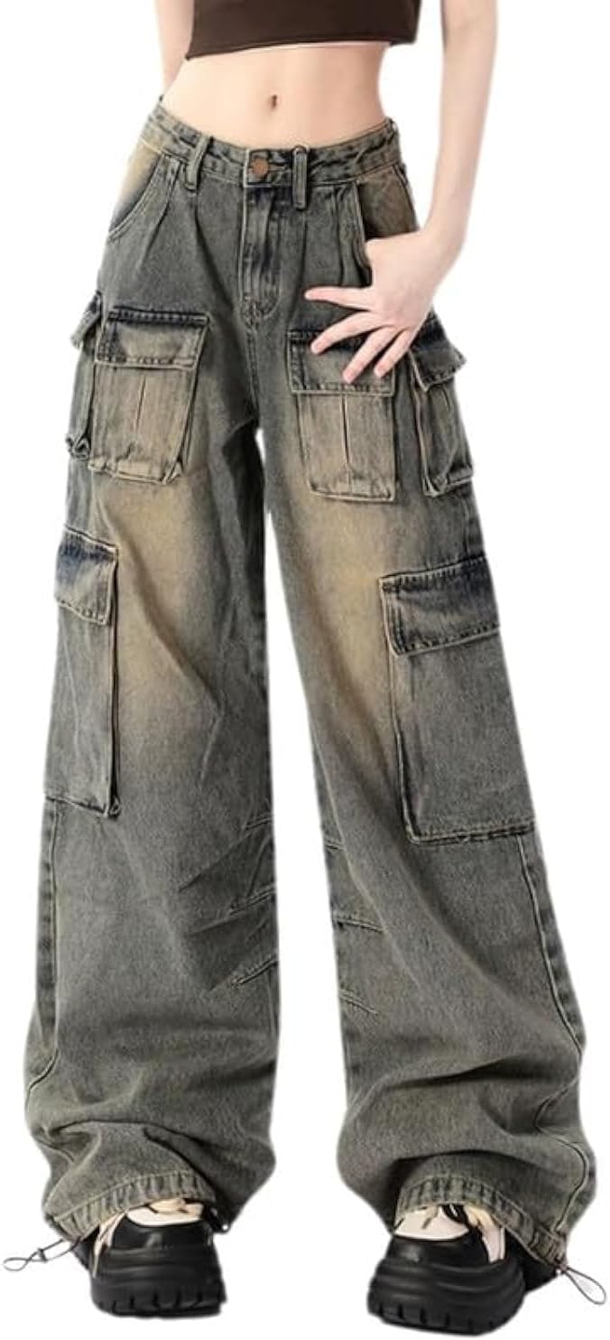 Pants for Women Girls Wide Leg Jeans  Hip Hop Streetwear Low Rise Oversized Jeans Grunge Clothes Blue