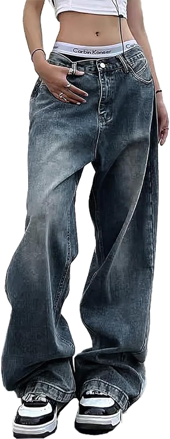 Women Jeans Wide Leg Jeans Low Waist  Loose Boyfriends Denim PantsStreetwear