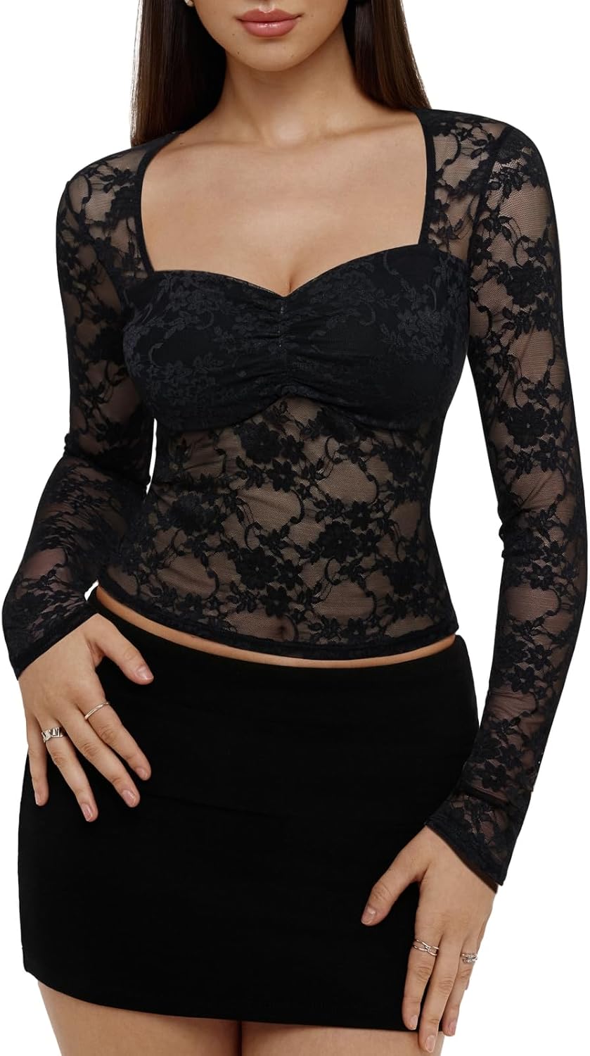 Women Sexy Sheer Mesh Tops Floral Lace Long Sleeve Shirts Low Cut Slim Fitted Outfits See Through Going Out Blouses