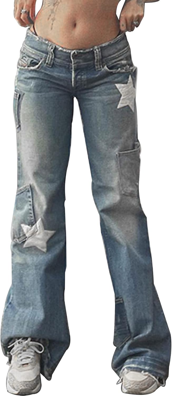 Women Star Print Jeans  Jeans Denim PantsBlue Jeans Straight Leg Pants