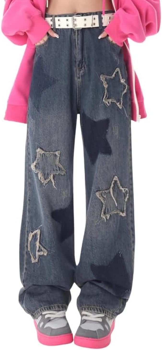 Cute Jeans for Women Girls Star Patchwork Pants  High Waisted Straight Leg Jean Casual Preppy Clothes