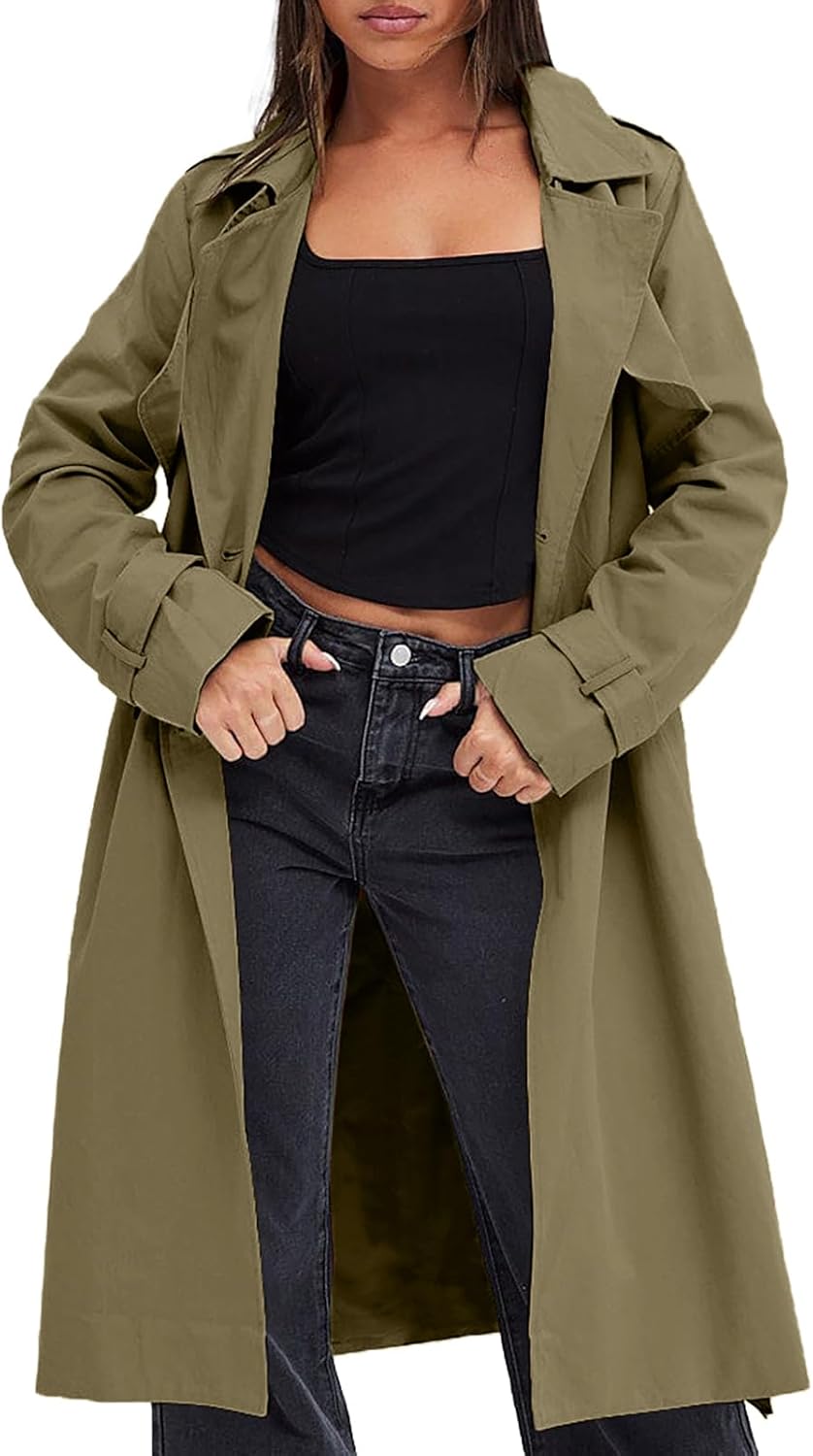 Women Double Breasted Trench Coats Cal Windproof Long Lapel Pocketed Overcoat with Belt