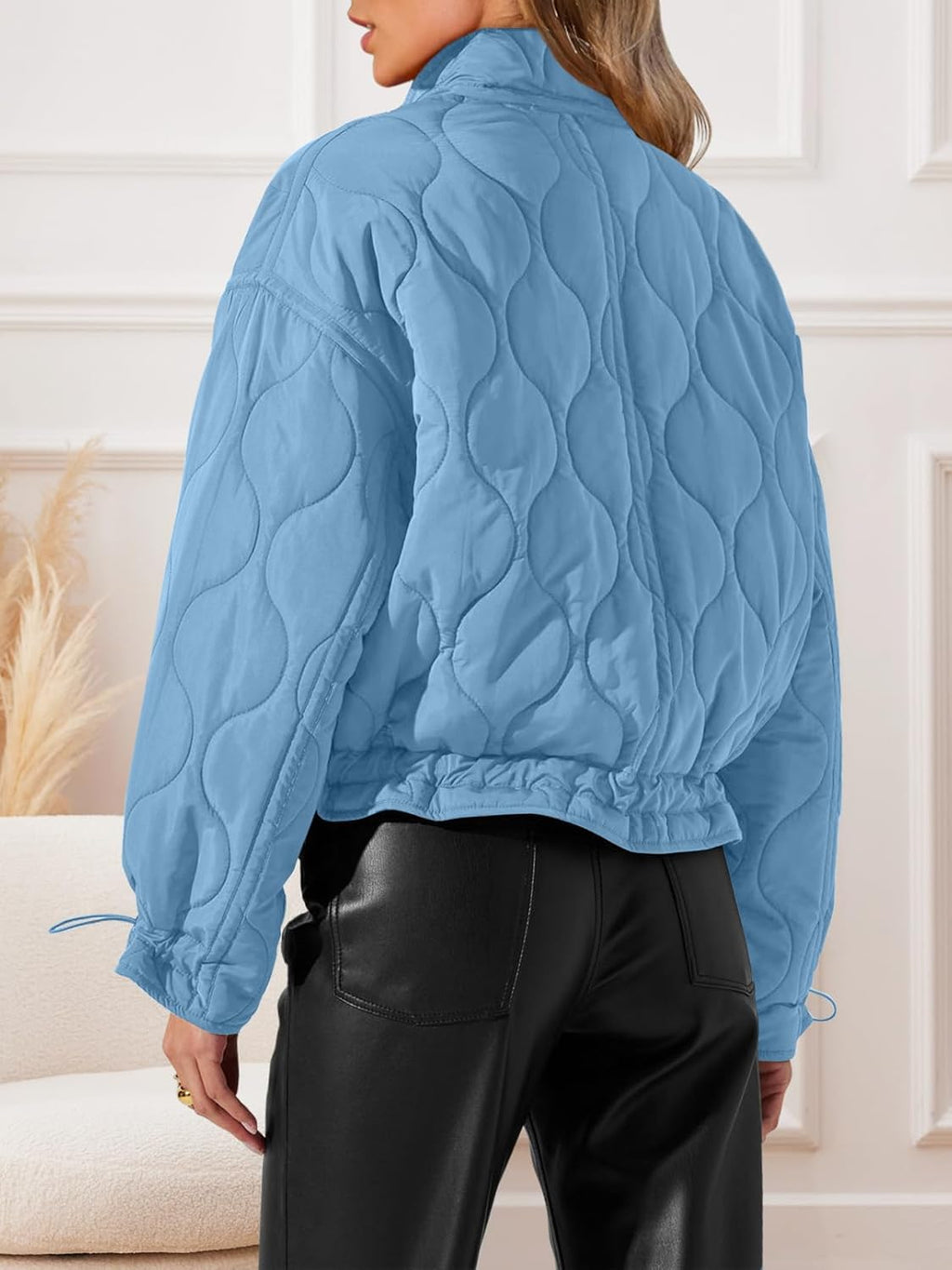Women Cropped Zip-Up Bomber Jackets Warm Quilted Long Sleeve Stand Neck Winter Coats