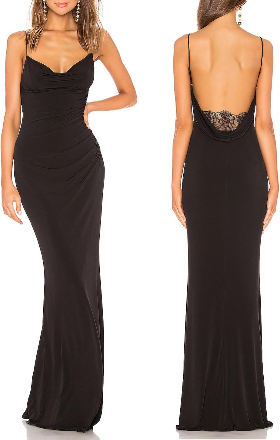 Women Spaghetti Straps Mermaid Evening Gown Wedding Guest Dress Drape Neck Lace Backless Formal Maxi Dress