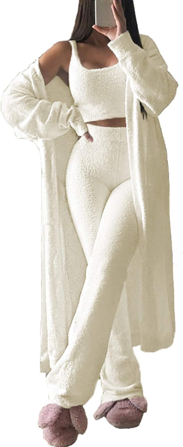 Women Fuzzy 3 Piece Sweatsuit Open Front Cardigan Crop Tank Tops Wide Legs Pants Lounge Sets