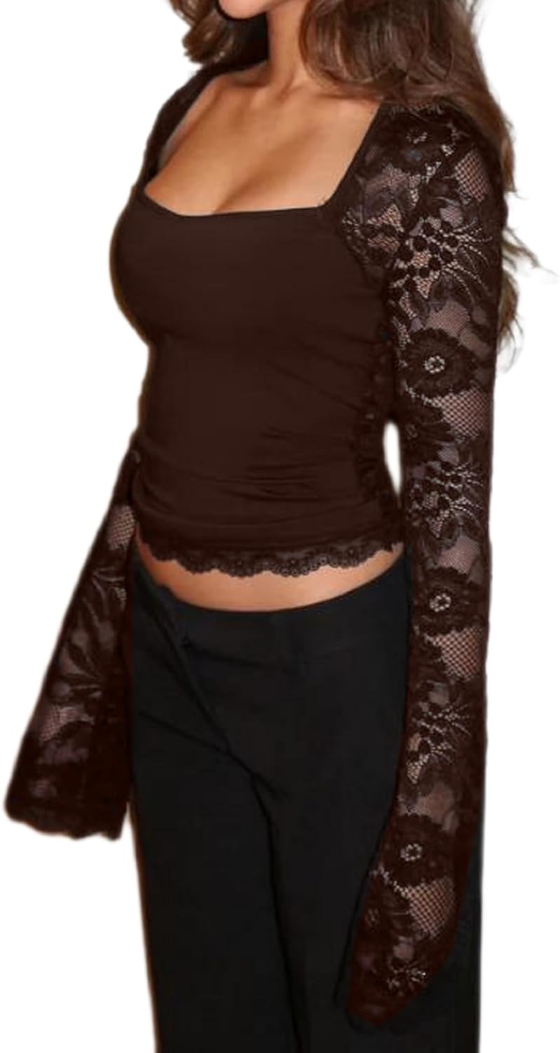 Women Square Neck Lace Long Sleeve Top  Lace Trim Slim Fit Basic Blouse Casual Fall Going Out Trendy Shirts