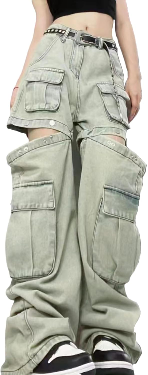 Women Gothic OverallsMulti Pocket Washed Jeans High Waisted Straight Tube Loose Fitting Pants  Jeans