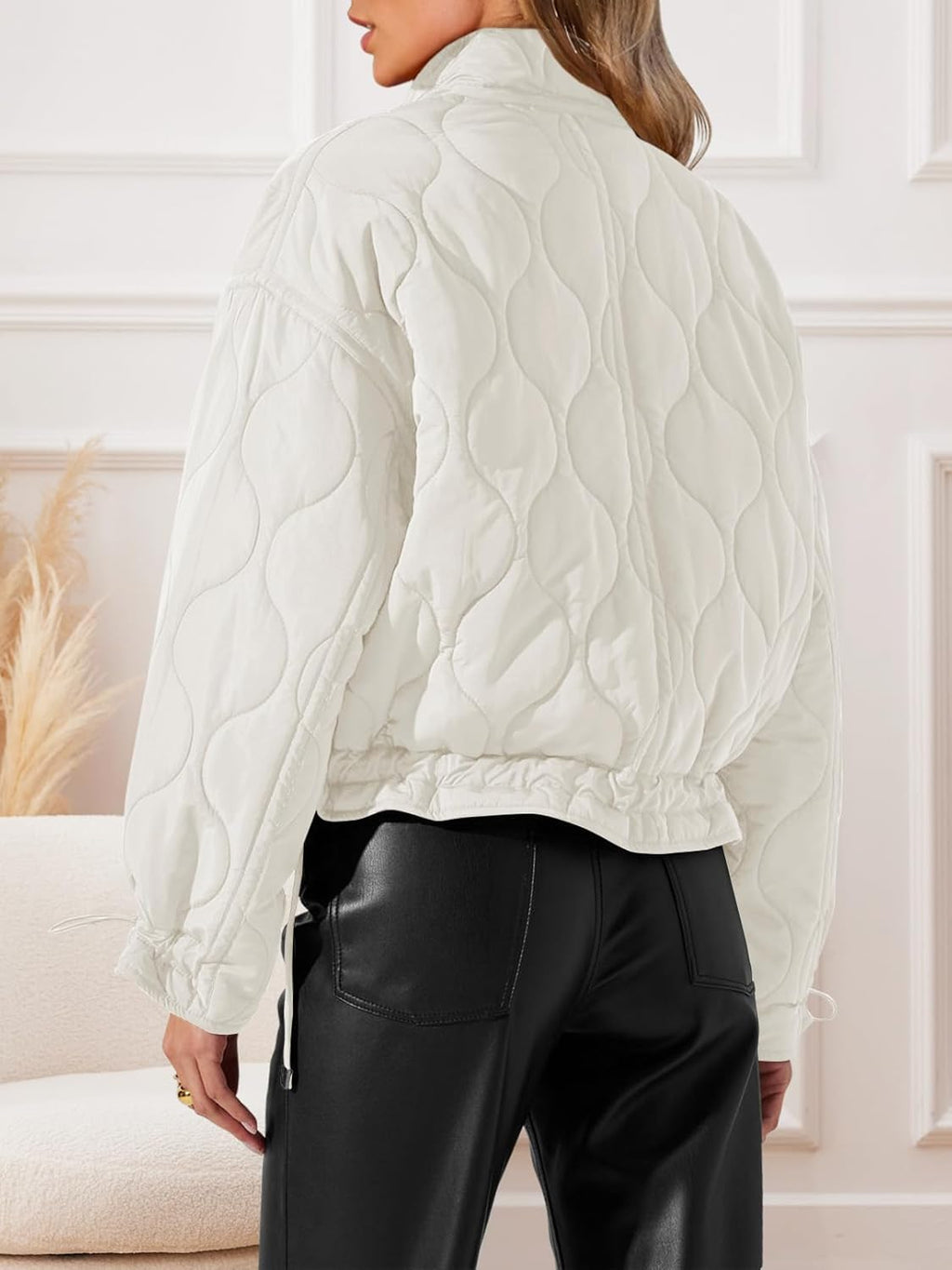 Women Cropped Zip-Up Bomber Jackets Warm Quilted Long Sleeve Stand Neck Winter Coats