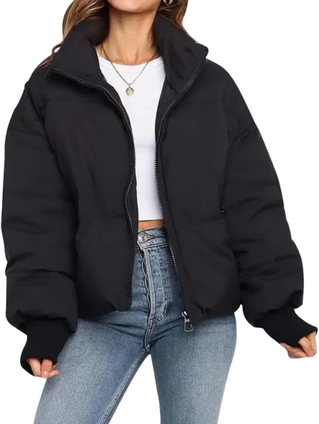 Women Winter Cropped Puffer Jacket Crop Warm Cotton Jacket Short Padded Outerwear Coats