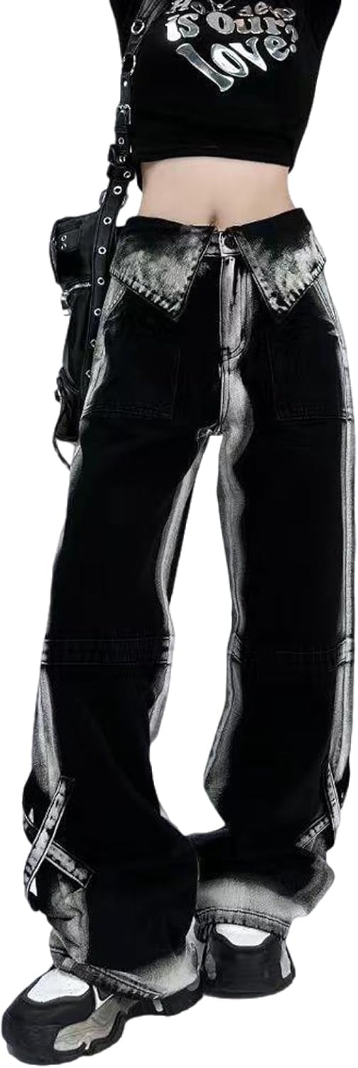 Women Workwear JeansContrast Jeans High Waist Loose  Drop Feel Pants Gothic Wide Leg Pants