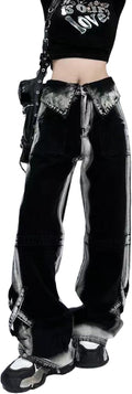 Women Workwear JeansContrast Jeans High Waist Loose  Drop Feel Pants Gothic Wide Leg Pants