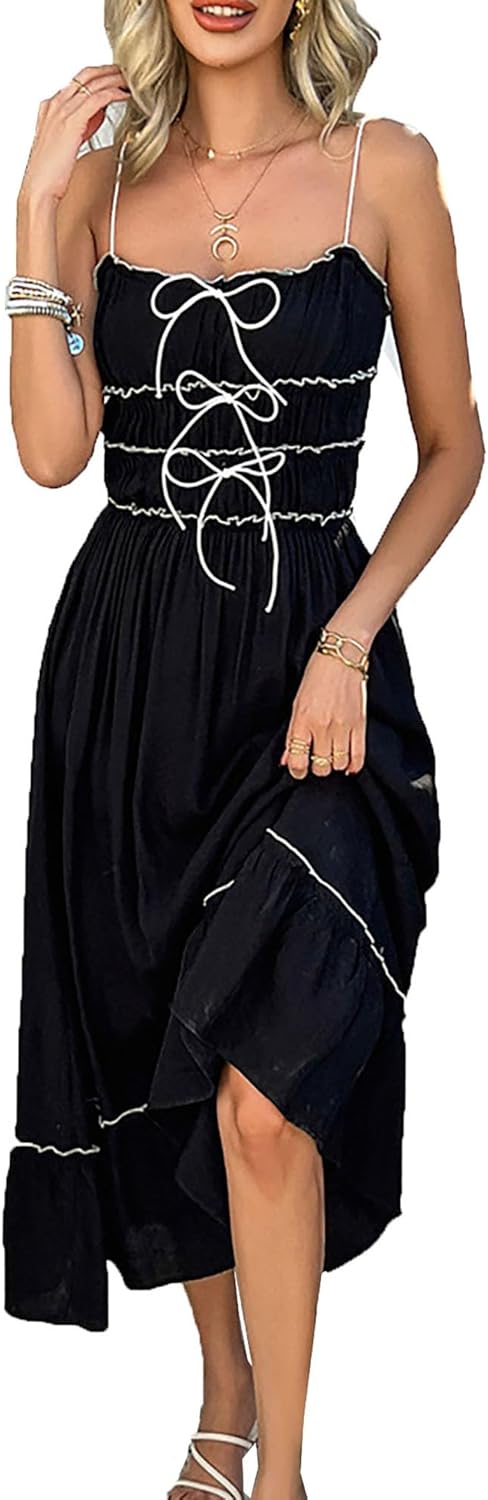 Women Summer Midi Dress: Casual Strappy Ruffle Waist Maxi – Comfort for Beach Party Vacation Wedding Outdoor Gathering