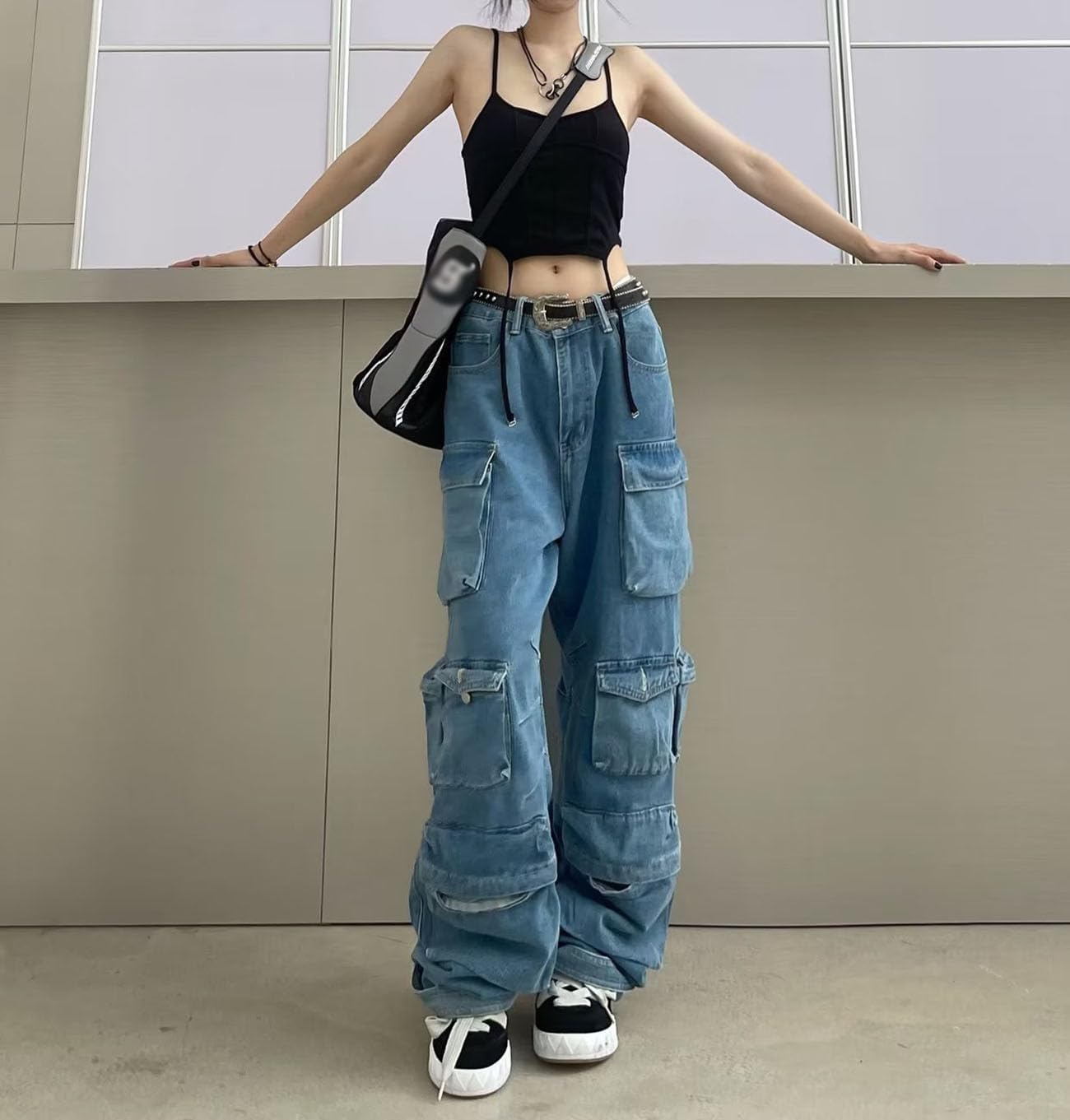 Pants for Women Girls Wide Leg Jeans  Hip Hop Streetwear Low Rise Oversized Jeans Grunge Clothes Blue