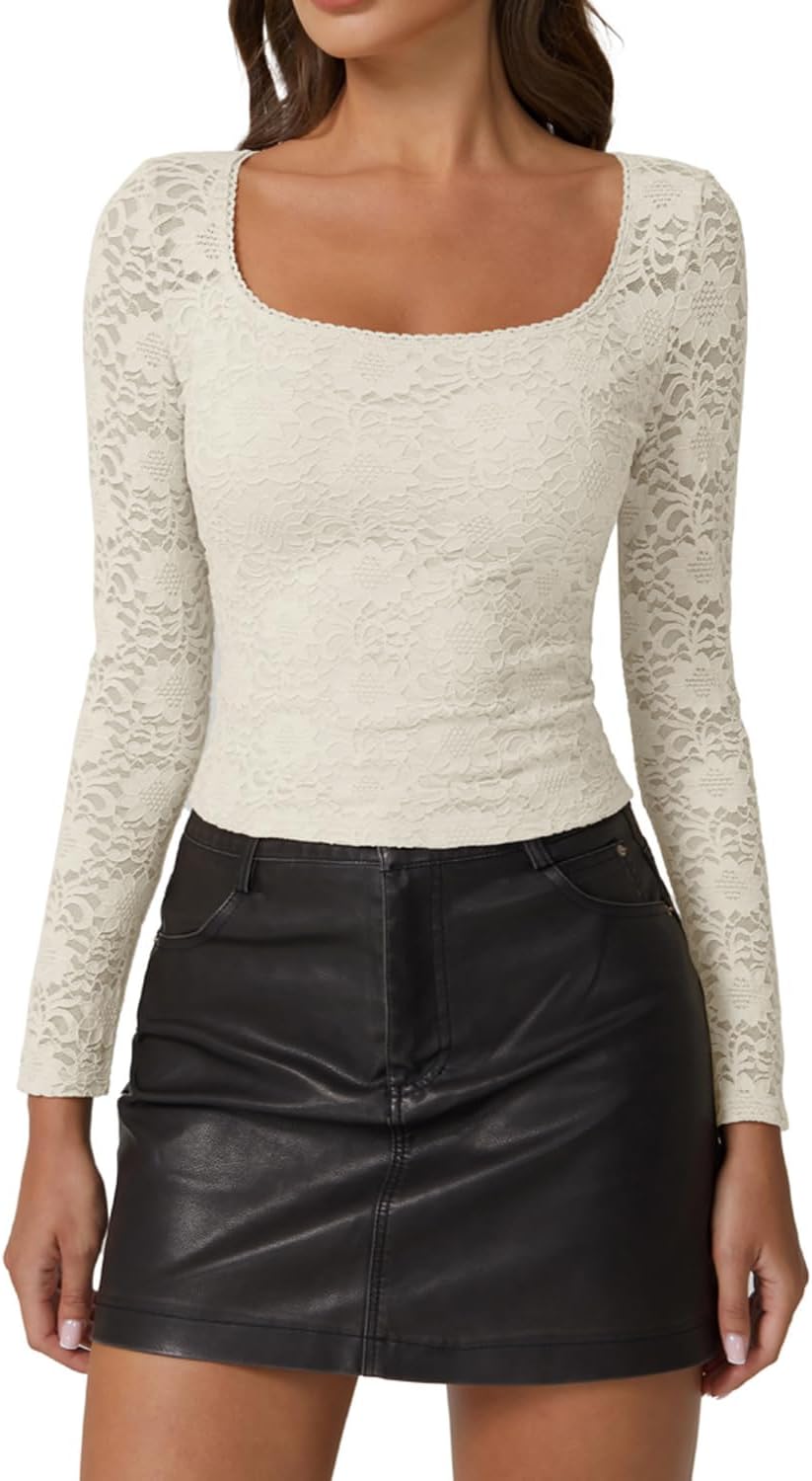Chic Floral Lace Crop Tops for Women Slimming Fit Long Sleeve Square Neck Going Out Basic Shirts