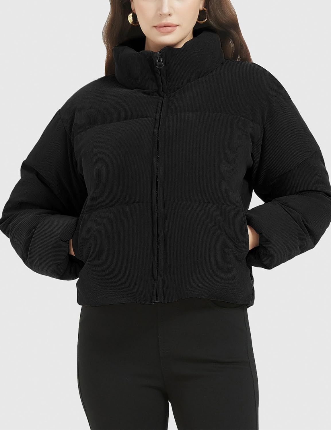 WomenCropped Corduroy Puffer Jacket Winter Jackets Warm Long Sleeve Zip Quilted Down Puffer coat