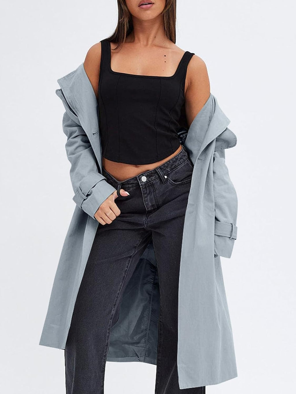 Women Double Breasted Trench Coats Cal Windproof Long Lapel Pocketed Overcoat with Belt