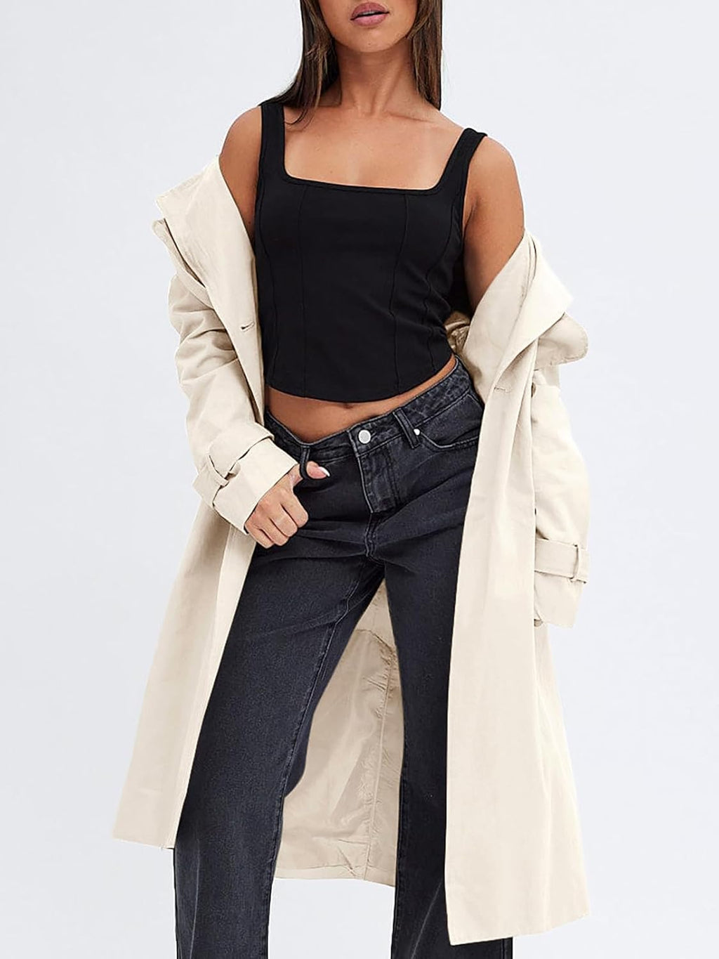 Women Double Breasted Trench Coats Cal Windproof Long Lapel Pocketed Overcoat with Belt