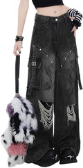 Gothic Women Jeans Fashion Straight High Waist Wide Leg Ripped Denim Pants Black