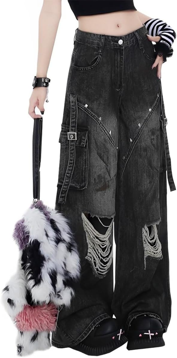 Gothic Women Jeans Fashion Straight High Waist Wide Leg Ripped Denim Pants Black
