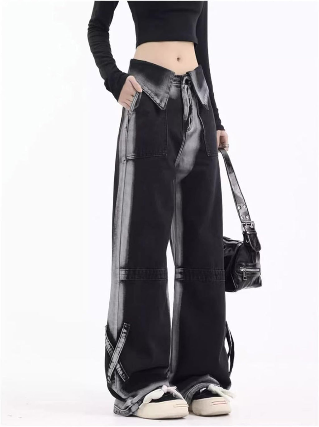 Women Workwear JeansContrast Jeans High Waist Loose  Drop Feel Pants Gothic Wide Leg Pants