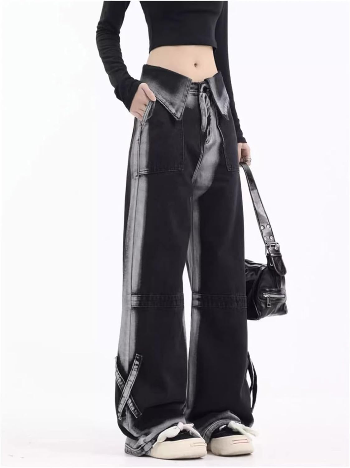 Women Workwear JeansContrast Jeans High Waist Loose  Drop Feel Pants Gothic Wide Leg Pants