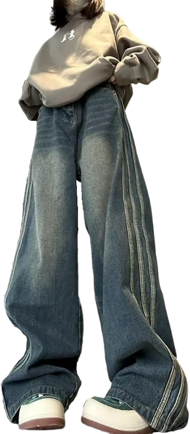 Women Jeans Hip-hop Street Retro Lines Wide Leg Pants Casual Loose Straight Leg Pants Gothic Jeans