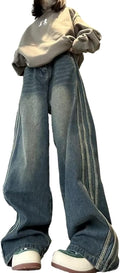 Women Jeans Hip-hop Street Retro Lines Wide Leg Pants Casual Loose Straight Leg Pants Gothic Jeans