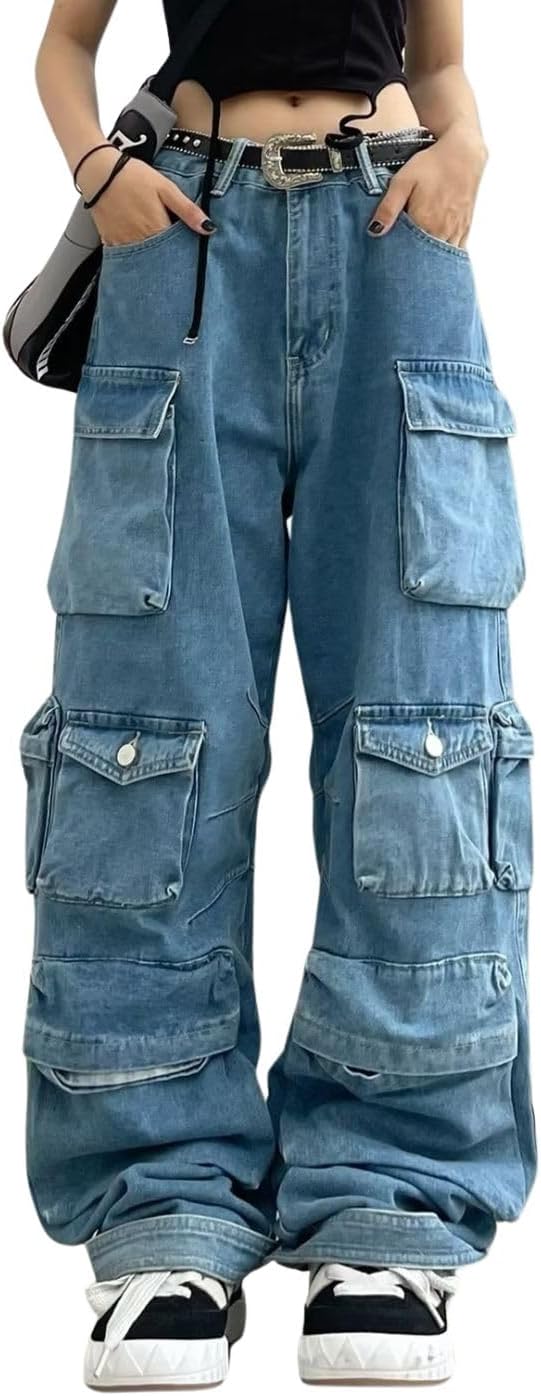 Pants for Women Girls Wide Leg Jeans  Hip Hop Streetwear Low Rise Oversized Jeans Grunge Clothes Blue