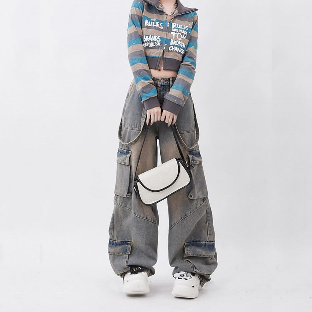 Women Jeans Hip Hop Street Fashion Retro Design Casual Low Waist Loose Straight Leg Jeans Gothic Denim Overalls