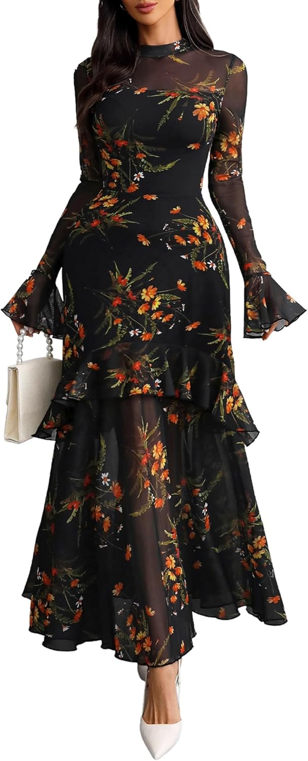 Women Floral Maxi Dress Sheer Mesh Bell Sleeve Tiered Ruffle Gothic Romantic Casual Long Dresses