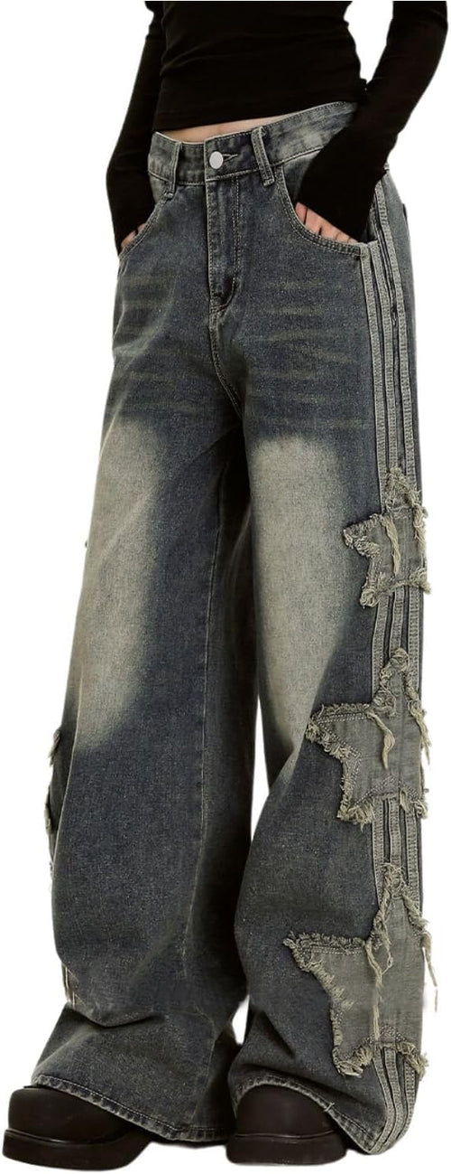 Jeans for Woman Girls Star Patchwork High Waist Cute Jeans  Streetwear Loose Pants Grunge  Clothing