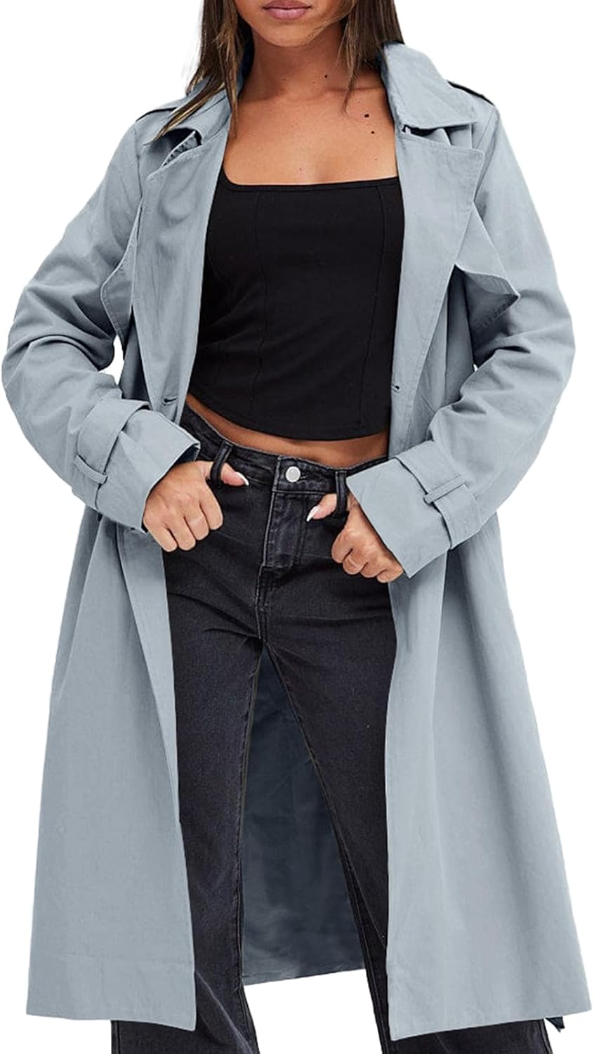 Women Double Breasted Trench Coats Cal Windproof Long Lapel Pocketed Overcoat with Belt