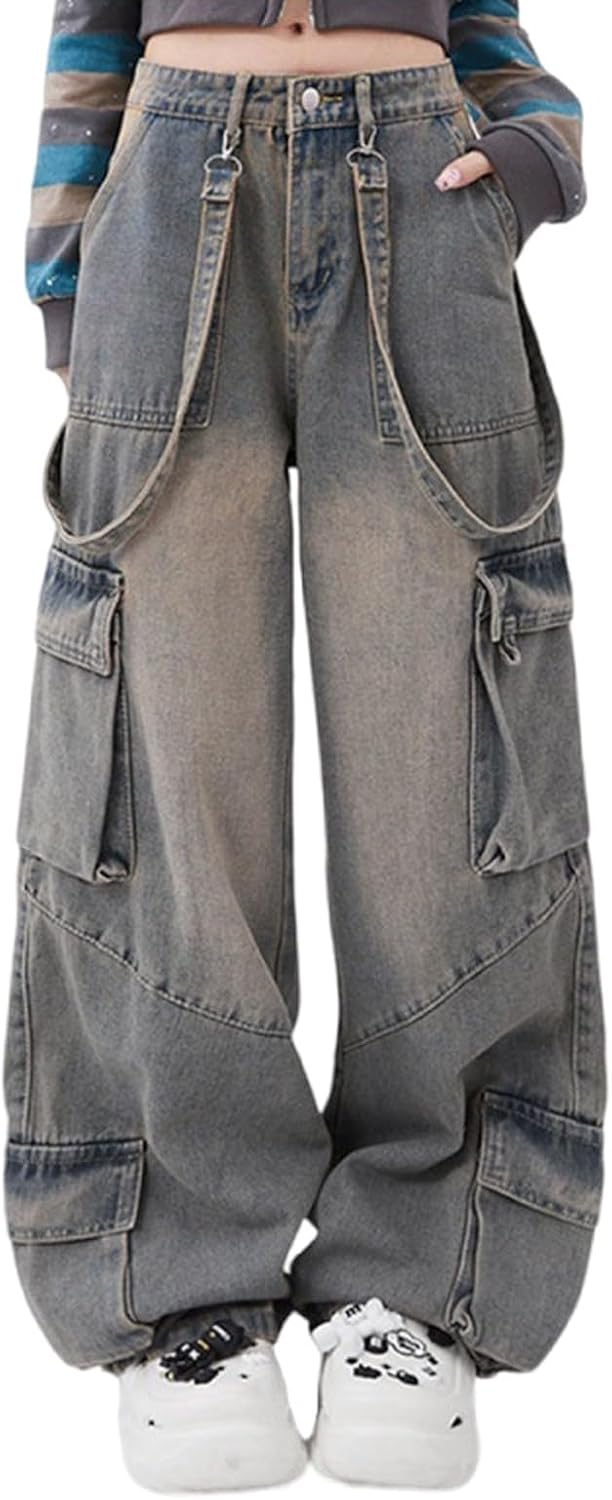Women Jeans Hip Hop Street Fashion Retro Design Casual Low Waist Loose Straight Leg Jeans Gothic Denim Overalls