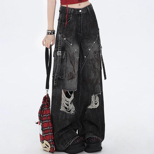 Gothic Women Jeans Fashion Straight High Waist Wide Leg Ripped Denim Pants Black