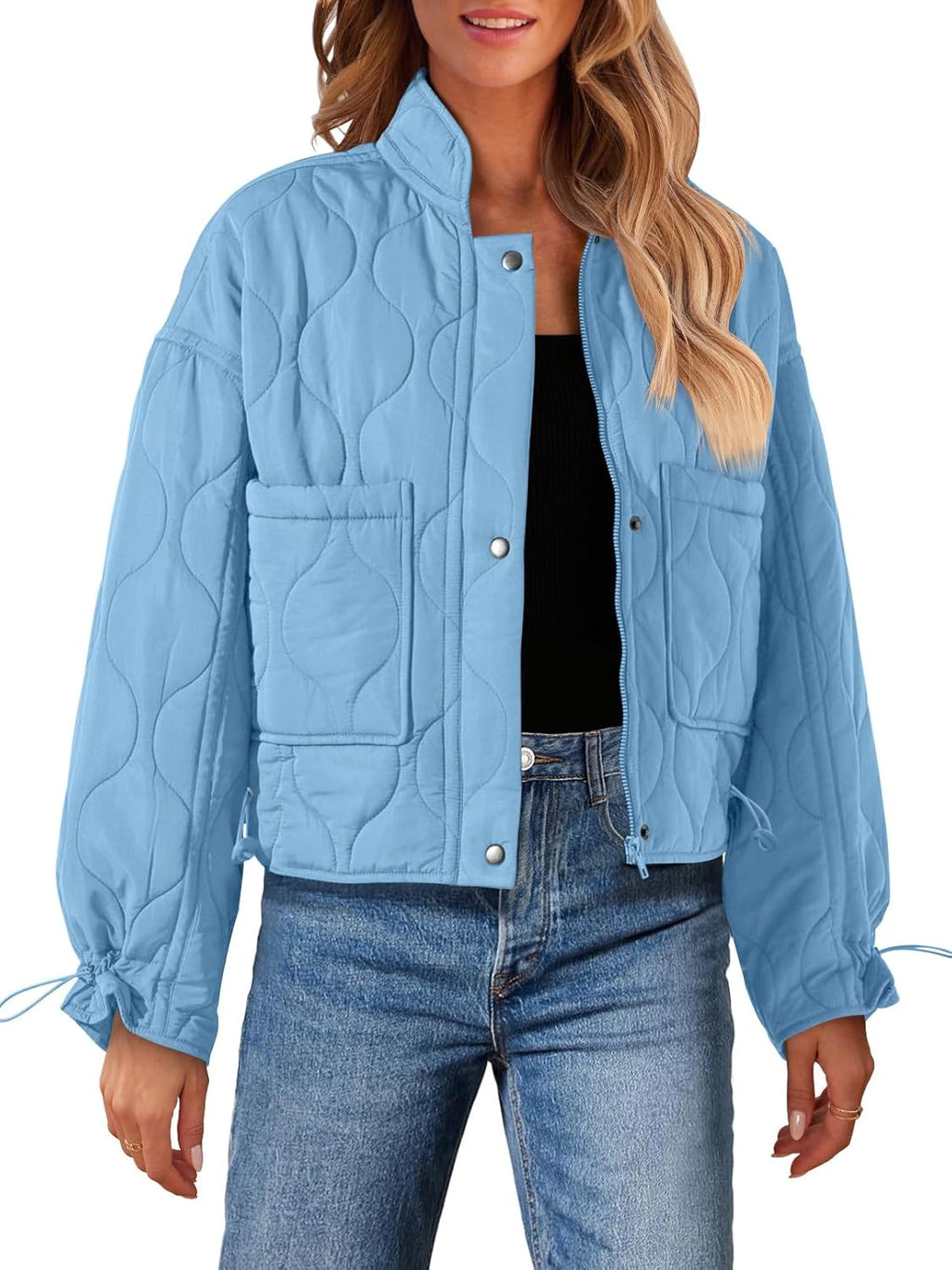 Women Cropped Zip-Up Bomber Jackets Warm Quilted Long Sleeve Stand Neck Winter Coats