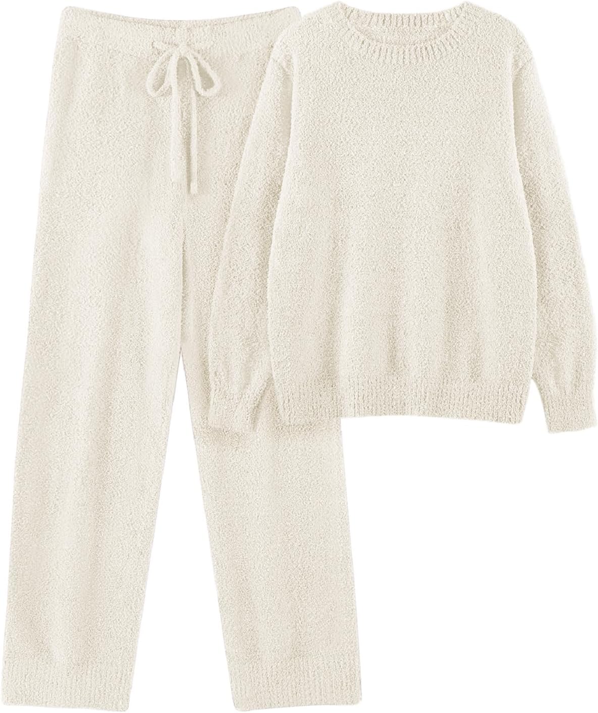 Women Fuzzy Fleece Pajamas Set 2 Piece Cozy Pjs Lounge Set Warm Long Sleeve Knit Pullover Sweater Pants Loungewear