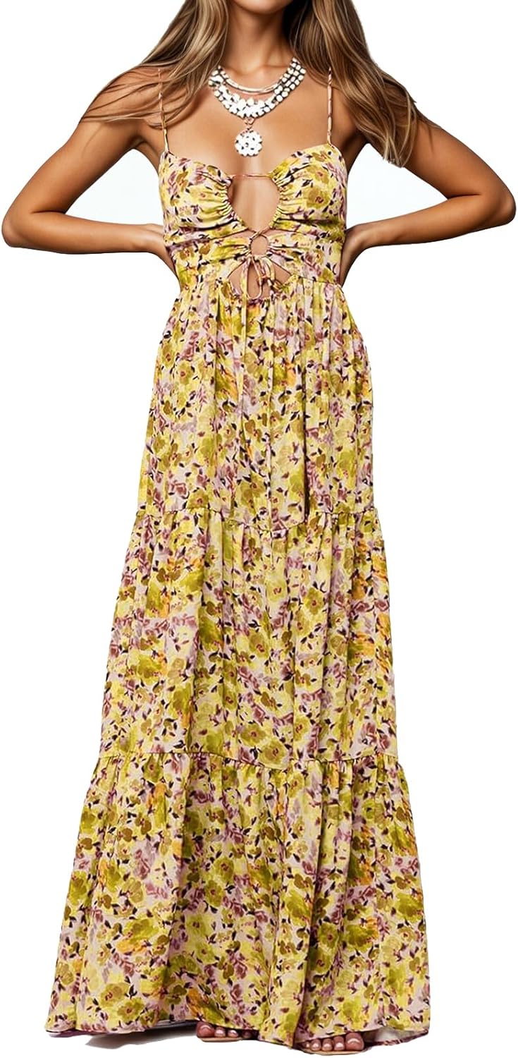 Women Summer Floral Spaghetti Strap Backless Low Cut Smocked Milkmaid Flowy Beach Sundresses