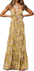 Women Summer Floral Spaghetti Strap Backless Low Cut Smocked Milkmaid Flowy Beach Sundresses